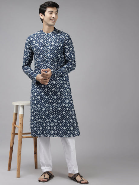 Buy Men's Blue Cotton Printed Kurta Pajama Set Online