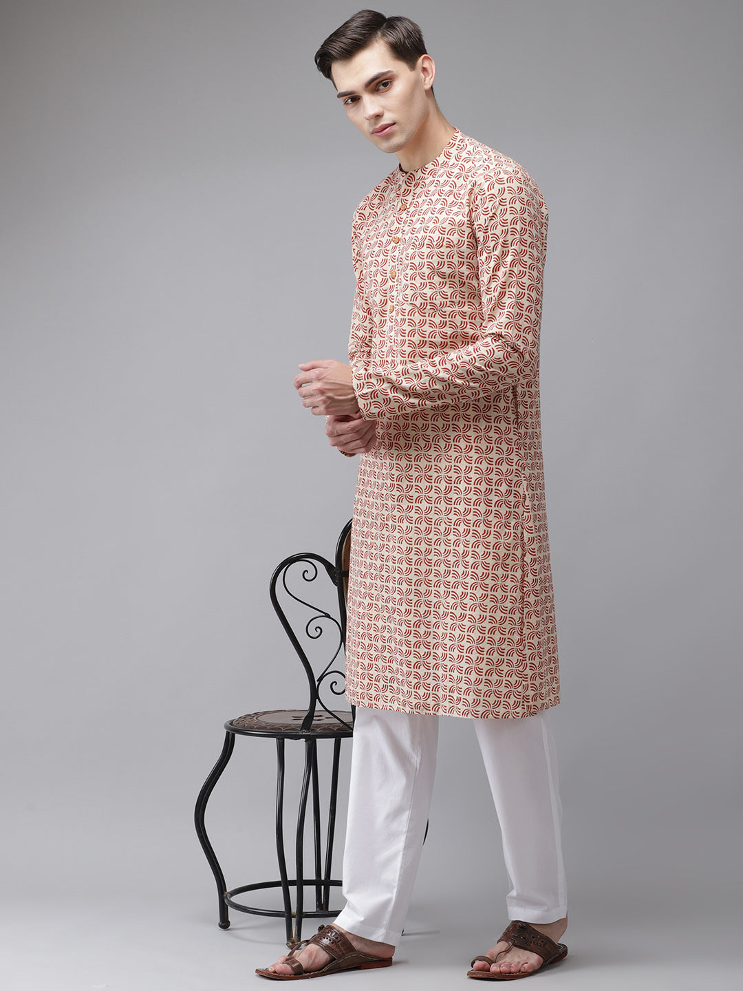 Buy Men's Beige Cotton Hand Block Printed Kurta Pajama Set Online