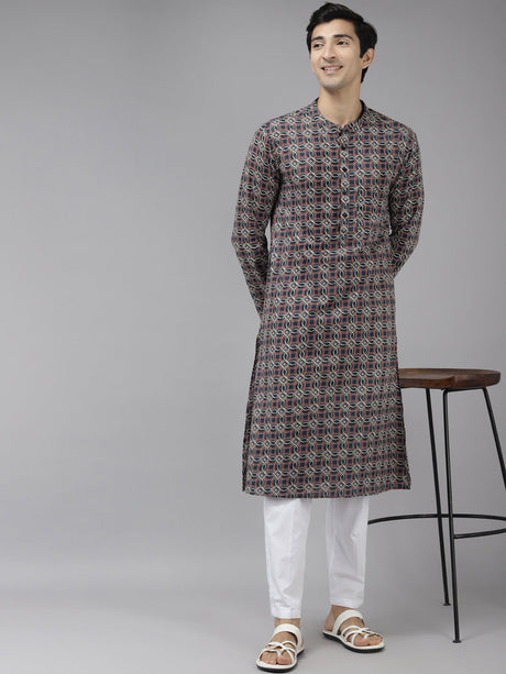 Buy Men's Blue Cotton Printed And Thread Work Kurta Kurta Pajama Set Online