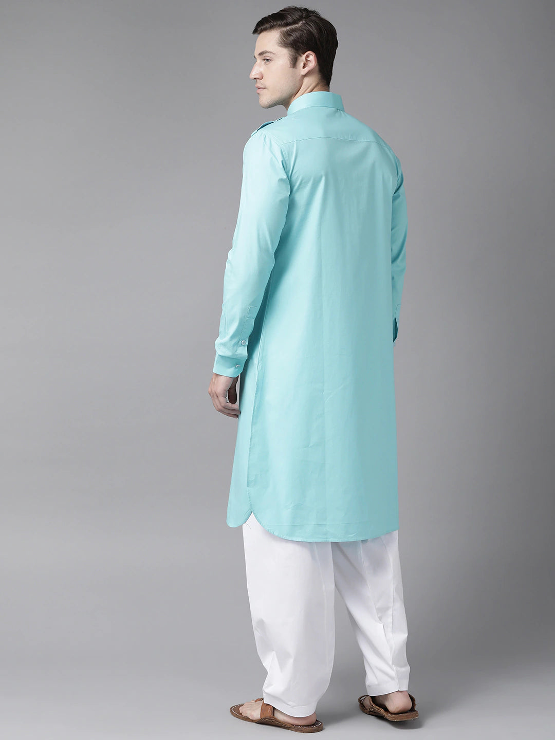 Buy Men's Sea Green Cotton Solid Pathani Set Online - Front