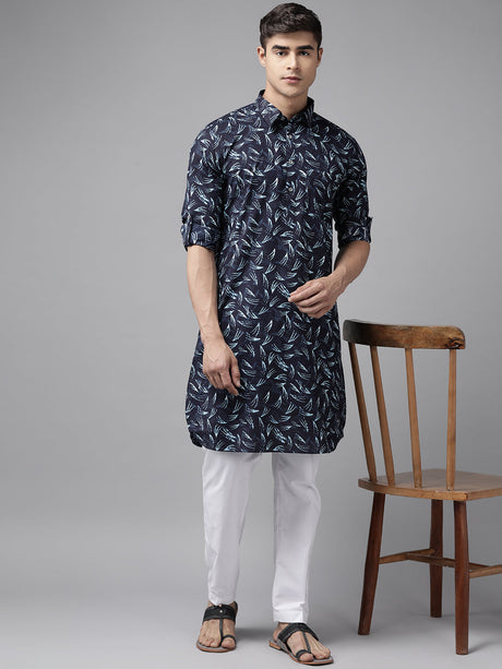Buy Men's Indigo Pure Cotton Printed Pathani Set Online