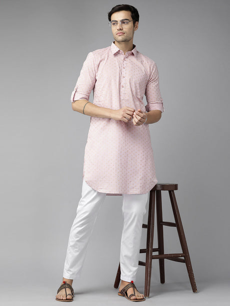 Buy Men's Baby Pink Pure Cotton Printed Pathani Set Online