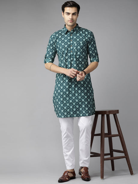 Buy Men's Teal Blue Pure Cotton Printed Pathani Set Online