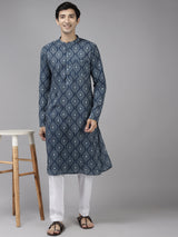 Buy Men's Blue Cotton Printed Straight Kurta Online