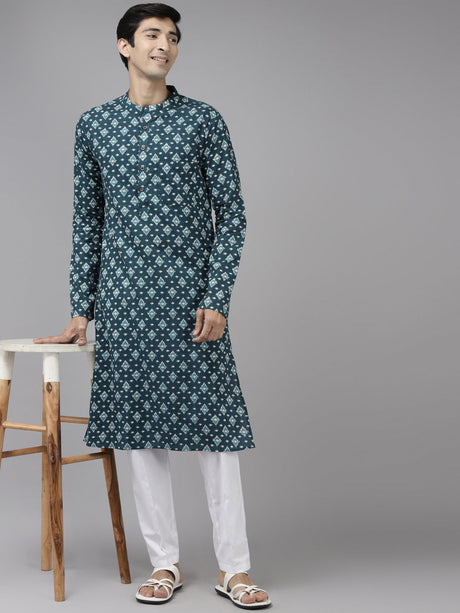 Buy Men's Teal Blue Cotton Geometric Printed Straight Kurta Online