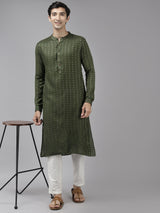 Buy Men's Green Art Silk Woven Thread Work Kurta Pajama Set Online