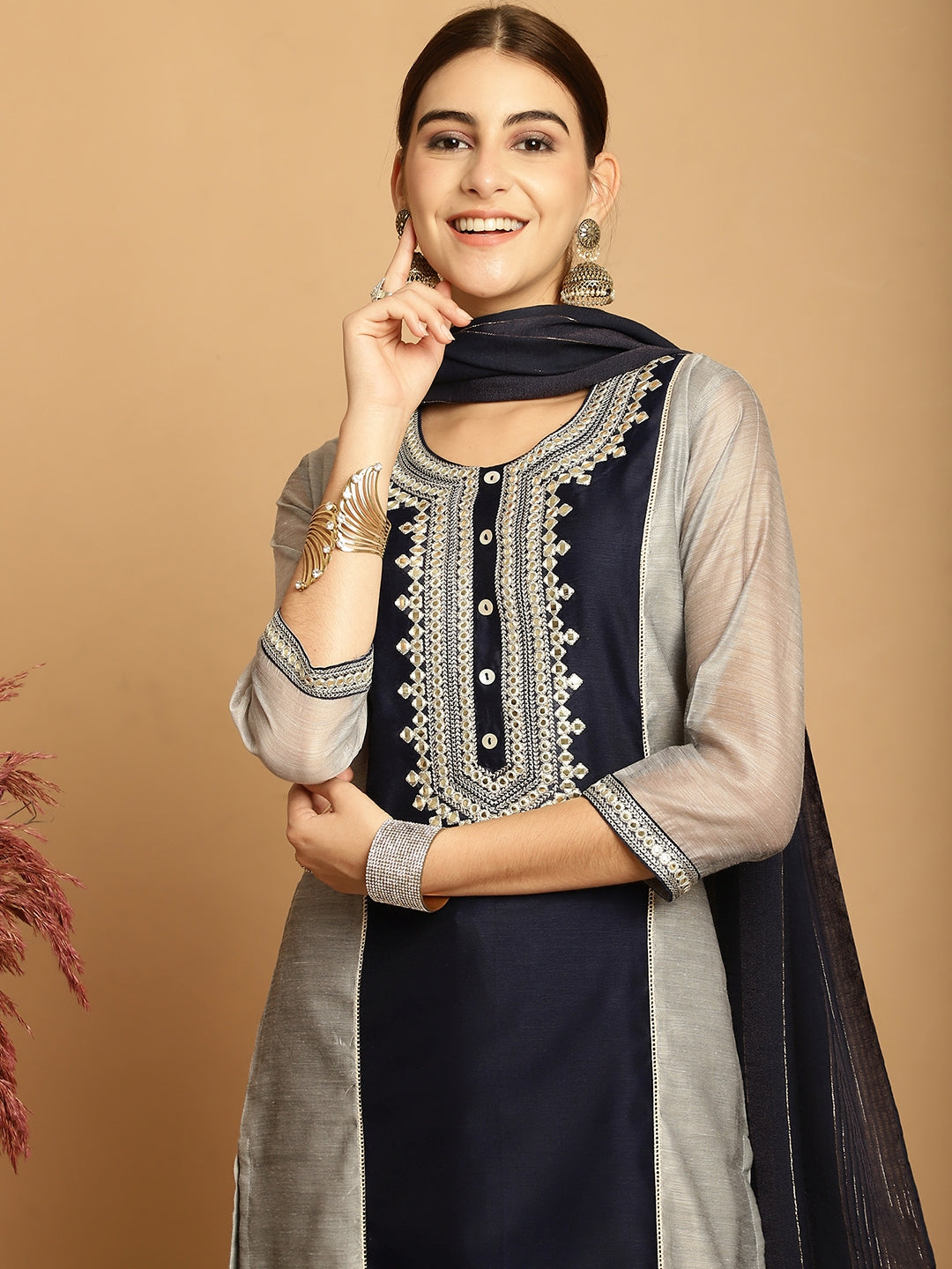 Grey  Chanderi Printed Kurta Set