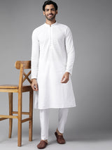 Buy Men's White Cotton Chikankari Embroidered Straight Kurta Online - Side
