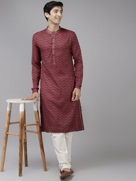 Buy Men's Burgundy Art Silk Woven Thread Work Kurta Pajama Set Online