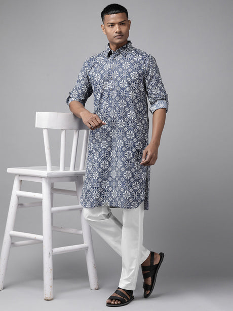 Buy Men's Indigo Pure Cotton Floral Printed Pathani Set Online