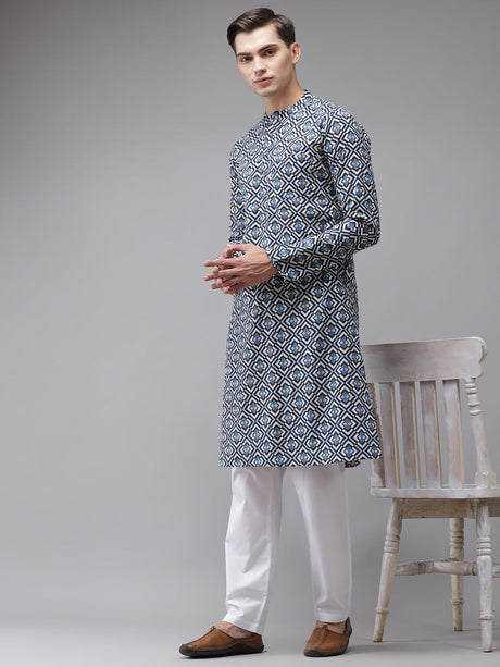 Buy Men's Blue Cotton Printed Kurta Pajama Set Online