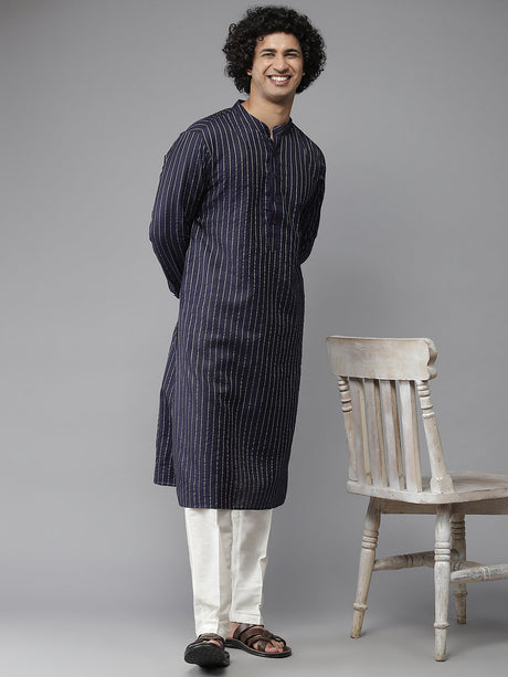 Buy Men's Blue Pure Cotton Woven Design Kurta Pajama Set Online