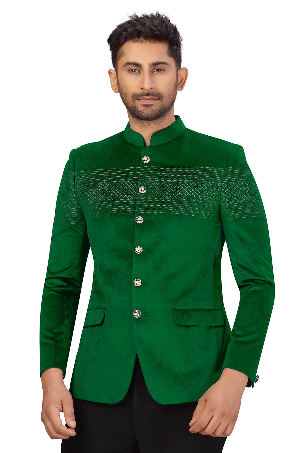 Buy Men's Velvet Embroidery Jodhpuri Set in Green Online - Front