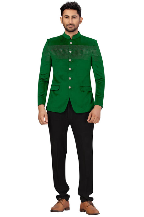 Buy Men's Velvet Embroidery Jodhpuri Set in Green Online