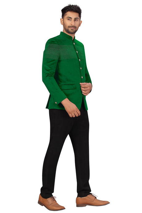 Buy Men's Velvet Embroidery Jodhpuri Set in Green Online - Back