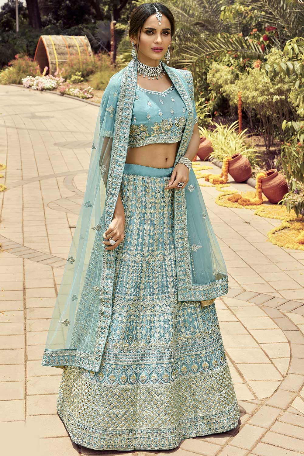 Turquoise Organza Embroidered Lehenga Choli