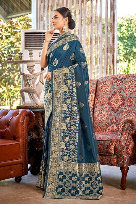 Turquoise Blue Banarasi Silk Zari Woven Saree