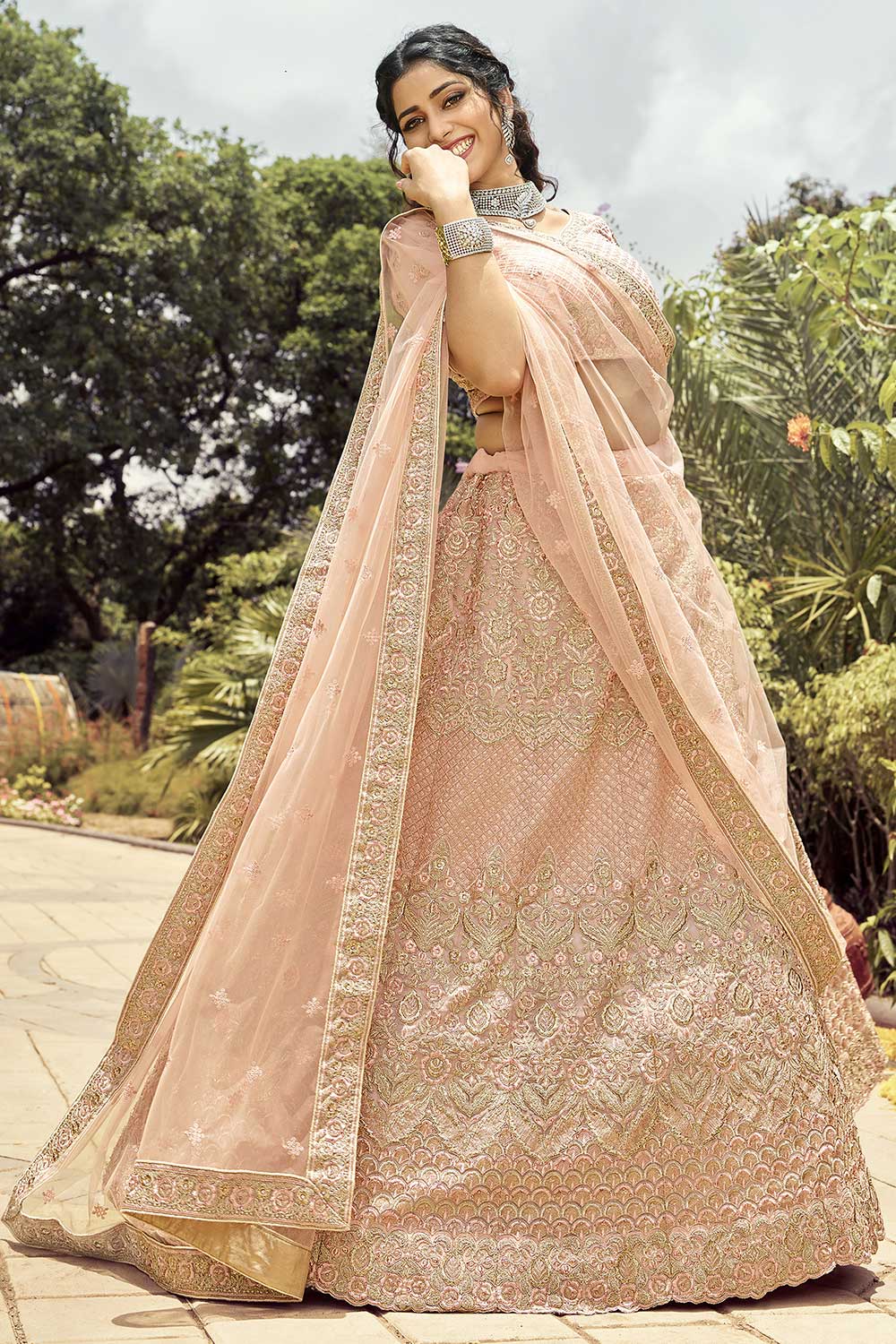 Peach Organza Embroidered Lehenga Choli