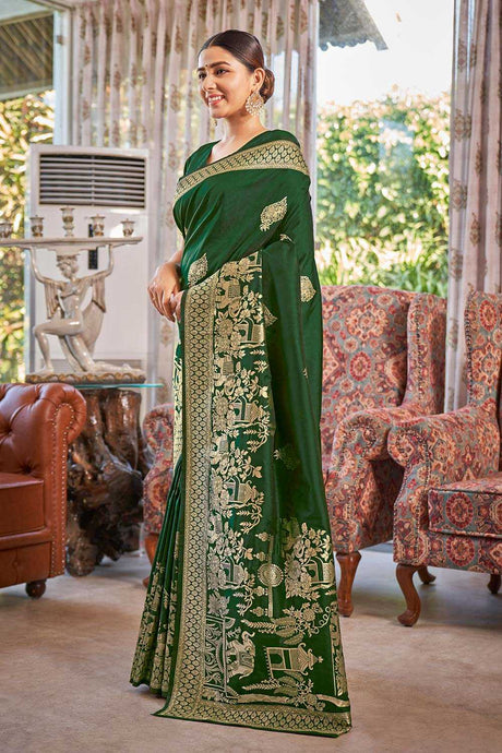 Dark Green Banarasi Silk Floral Zari Woven Saree