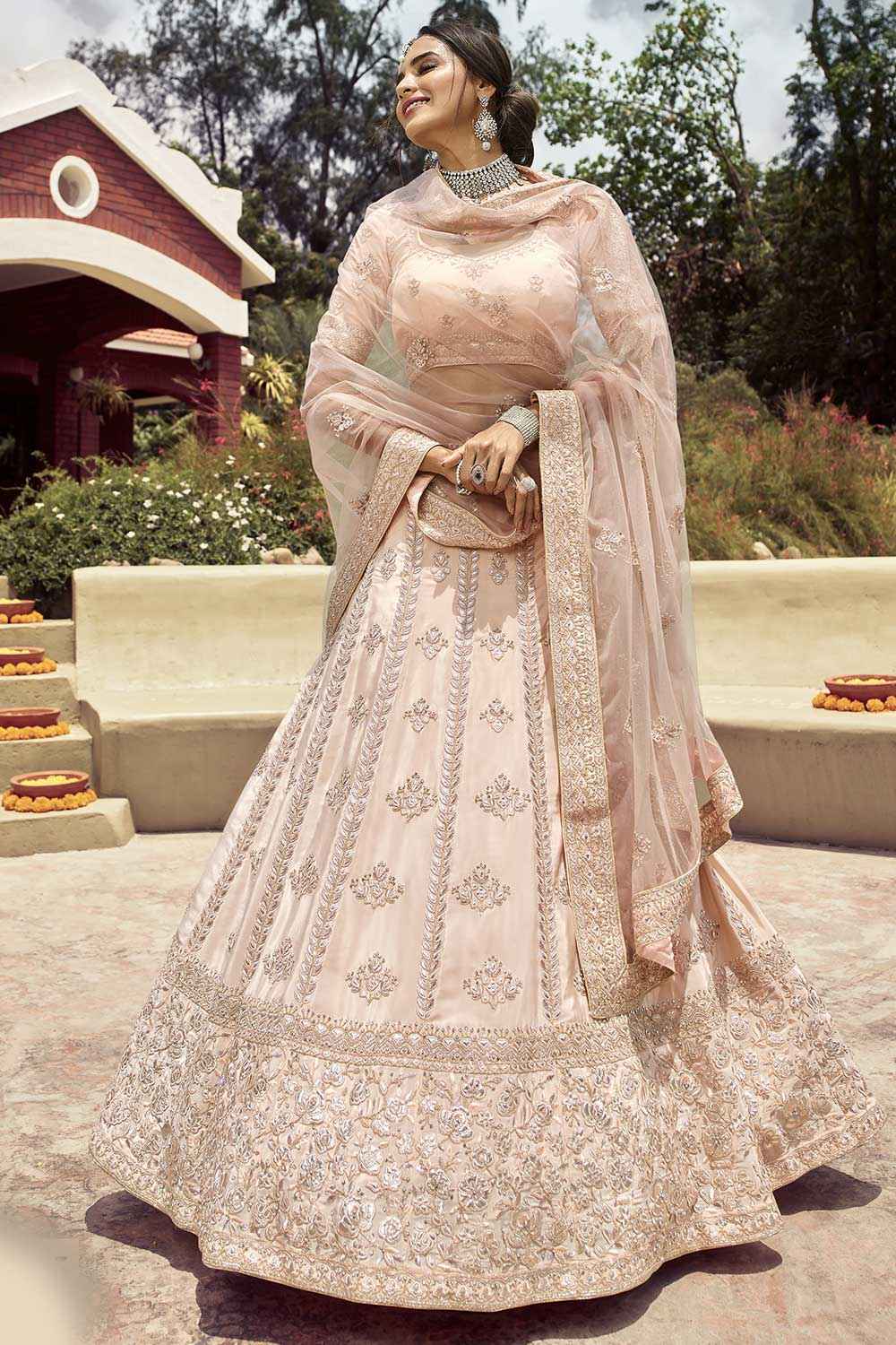 Beige Crepe Embroidered Lehenga Choli