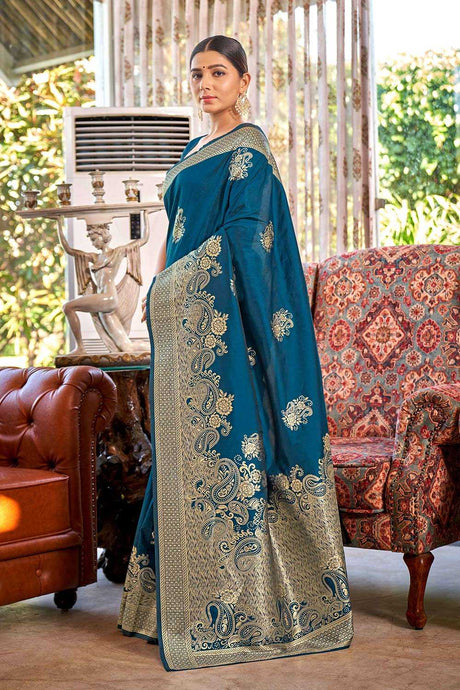 Turquoise Art Silk Zari Woven Saree