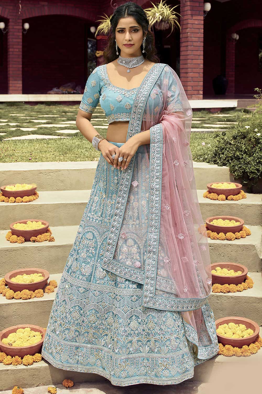 Turquoise Organza Embroidered Lehenga Choli