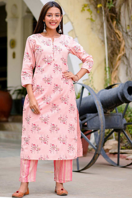 Buy Blended Cotton Foil Printed Ready to Wear Kurta Set in Pink Online