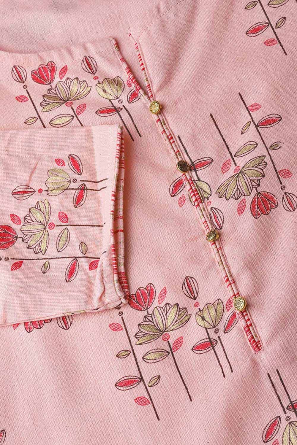 Buy Blended Cotton Foil Printed Ready to Wear Kurta Set in Pink Online - Side