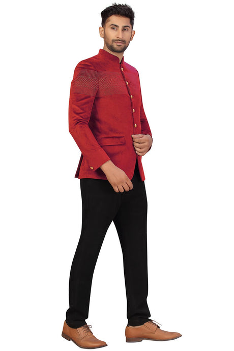 Buy Men's Velvet Embroidery Jodhpuri Set in Maroon Online - Back