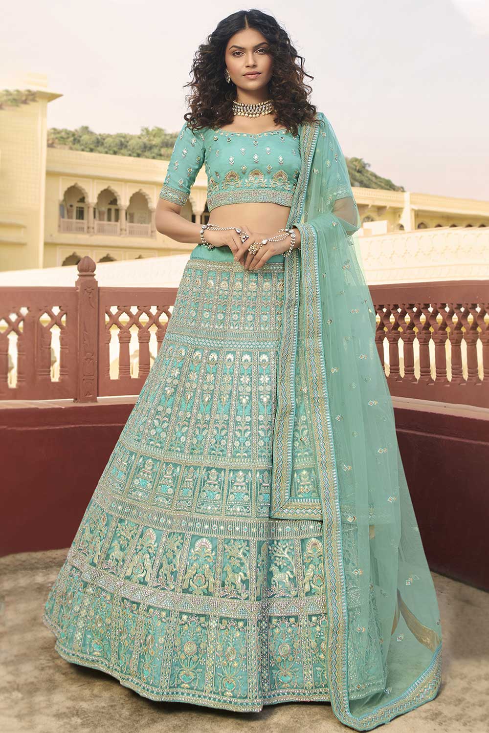 Turquoise Organza Embroidered Lehenga Choli