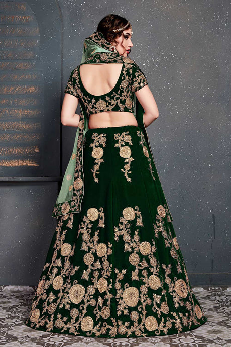 Dark Green Velvet Zari And Sequins Embroidery Work Lehenga Set