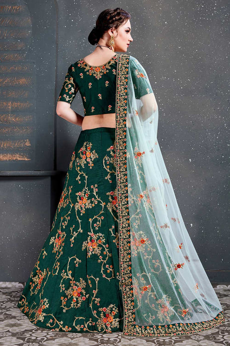 Green Tafeta Satin Silk Zari Embroidery With Diamond Work Lehenga Set