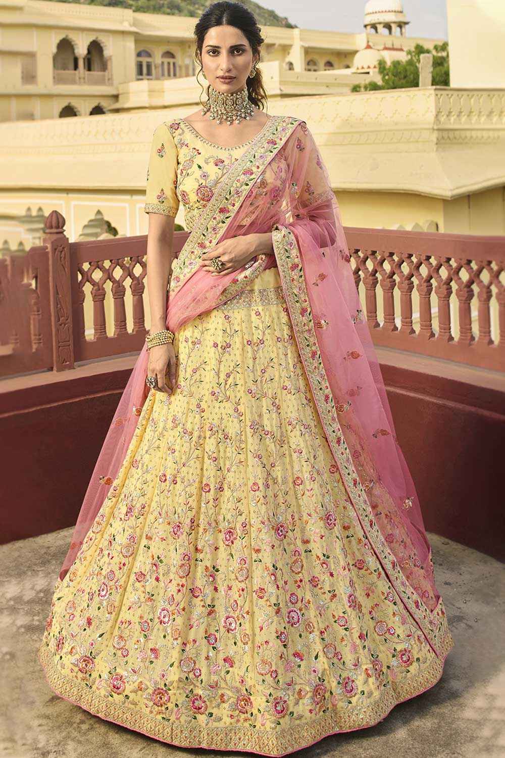 Yellow Organza Embroidered Lehenga Choli