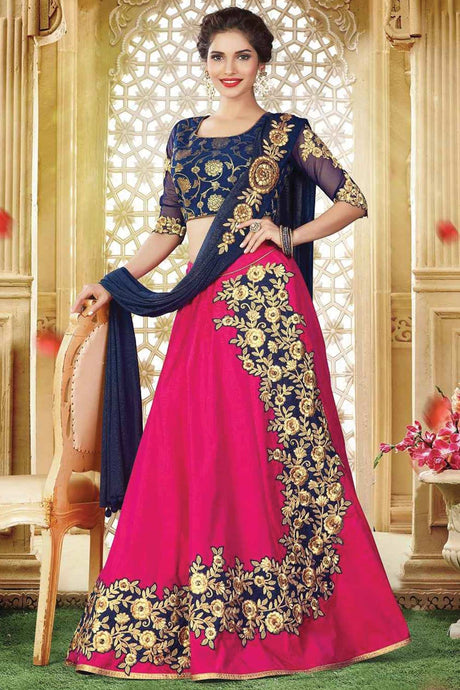 Buy Bright Pink Dual Tone Silk Zari and cord embroidery Lehenga Set Online - Back