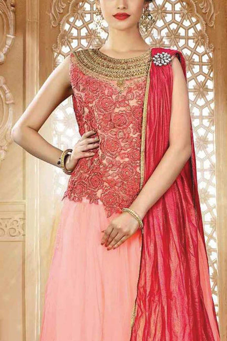 Buy Peach Net Cord embroidery Lehenga Set Online