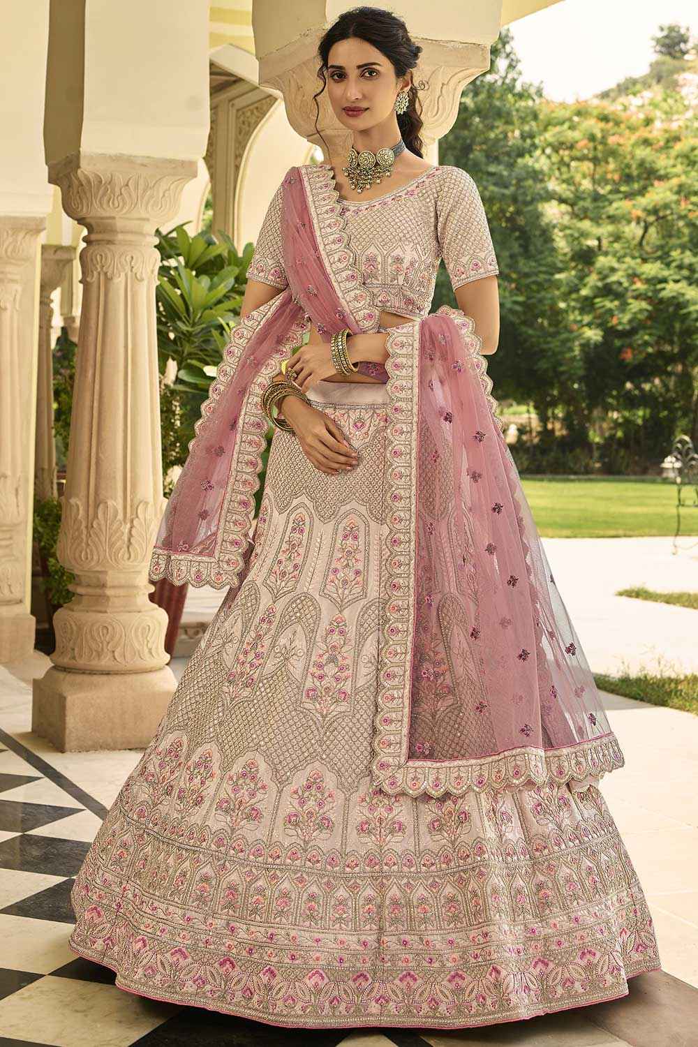 Peach Crepe Embroidered Lehenga Choli