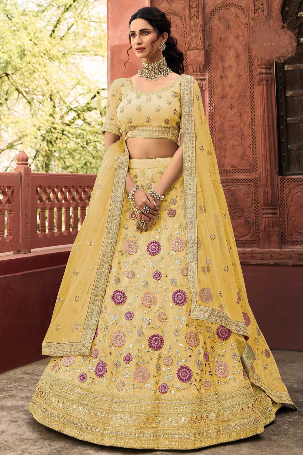 Yellow Organza Embroidered Lehenga Choli