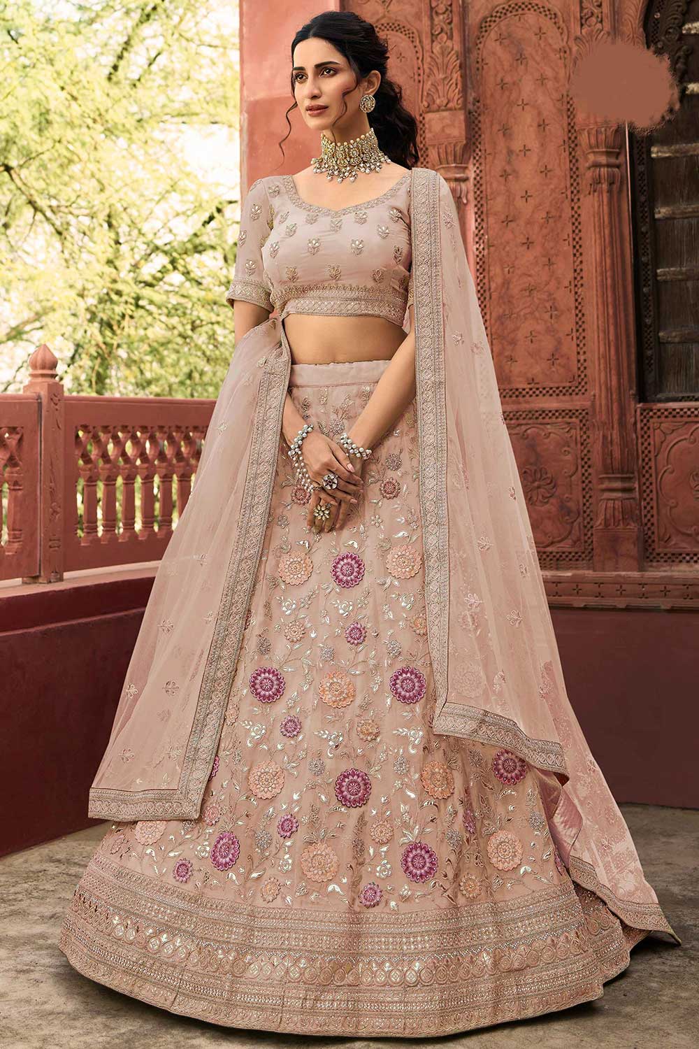 Beige Organza Embroidered Lehenga Choli