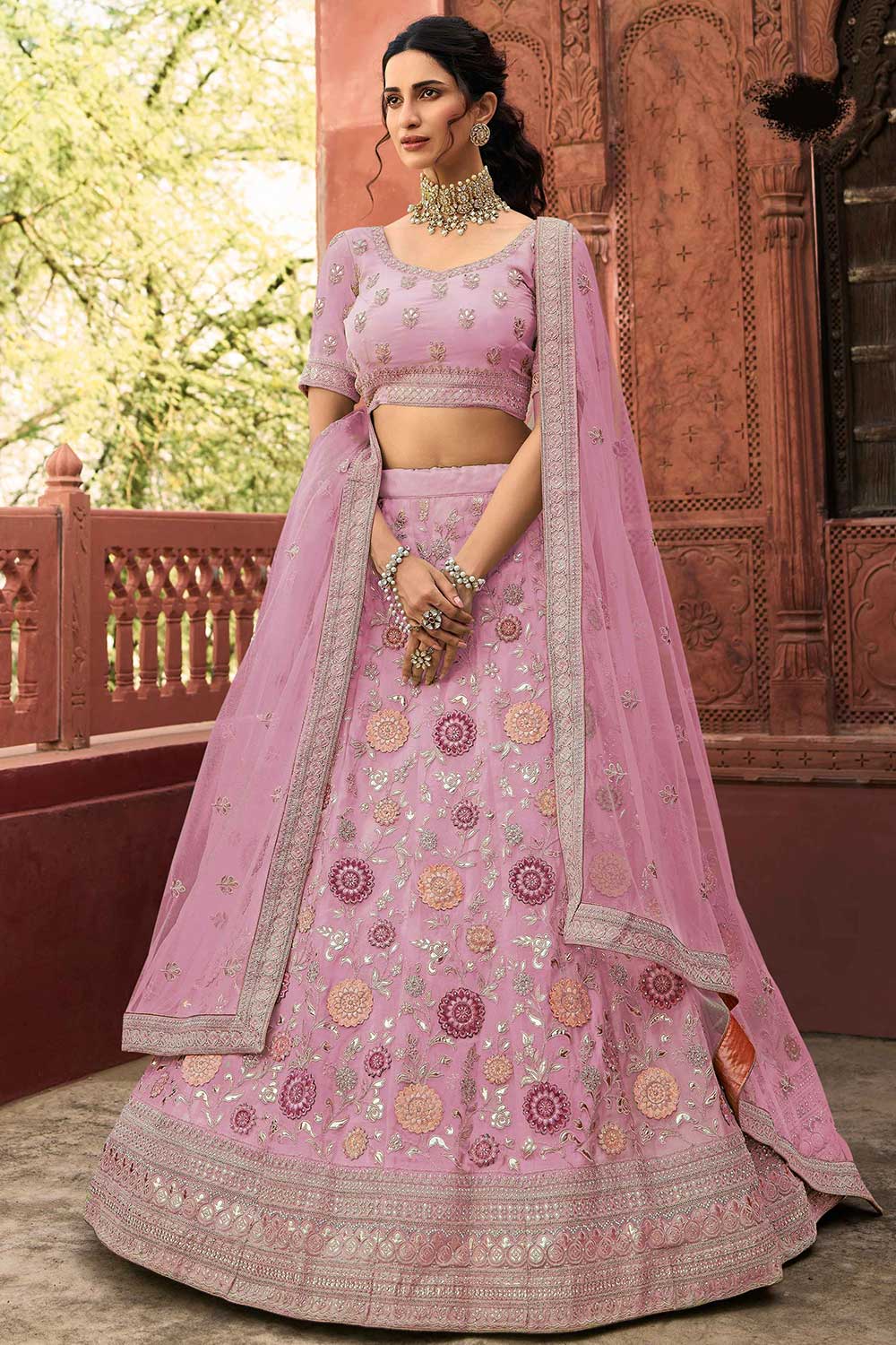 Pink Organza Embroidered Lehenga Choli