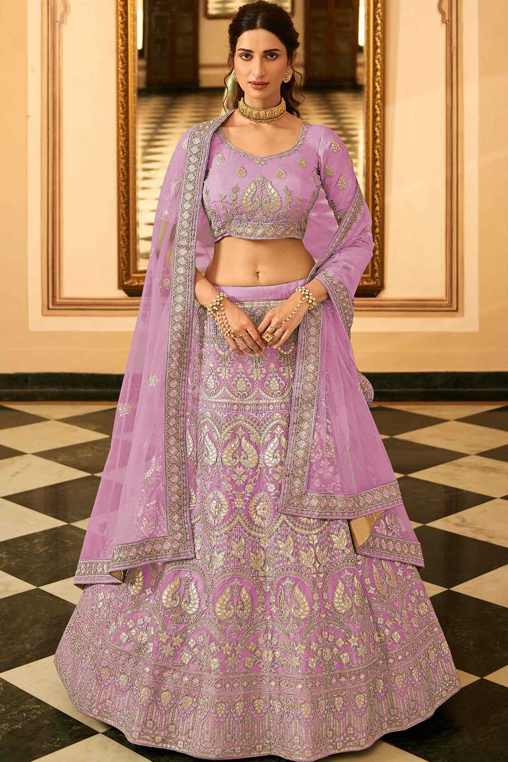 Purple Organza Embroidered Lehenga Choli