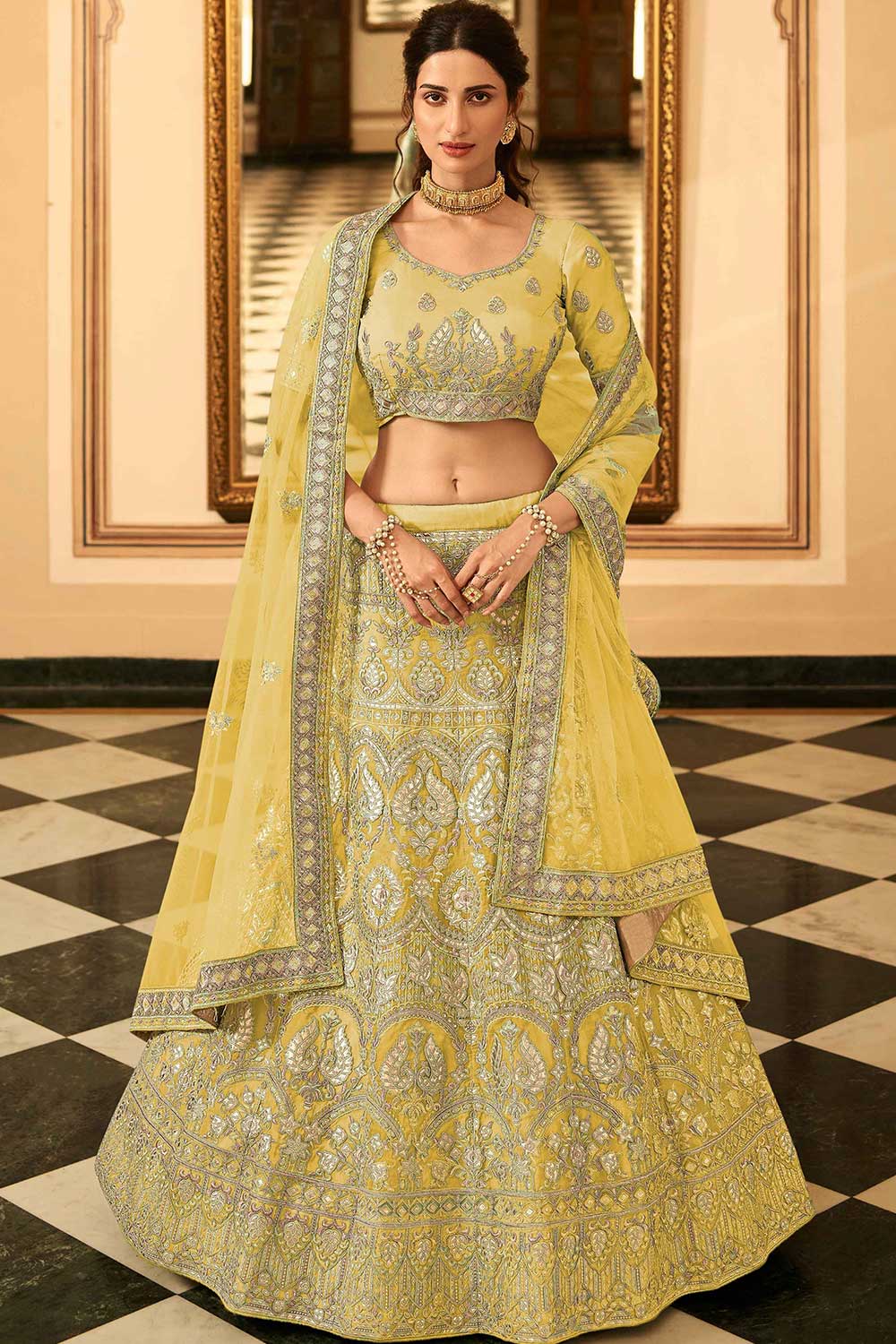 Yellow Organza Embroidered Lehenga Choli