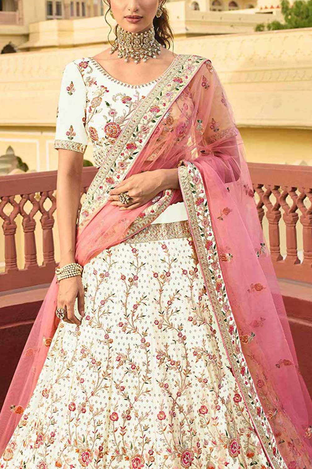 White Organza Embroidered Lehenga Choli