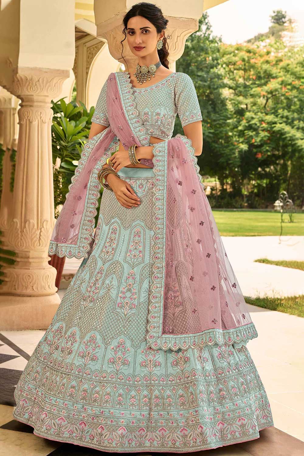 Light-Turquoise Crepe Embroidered Lehenga Choli