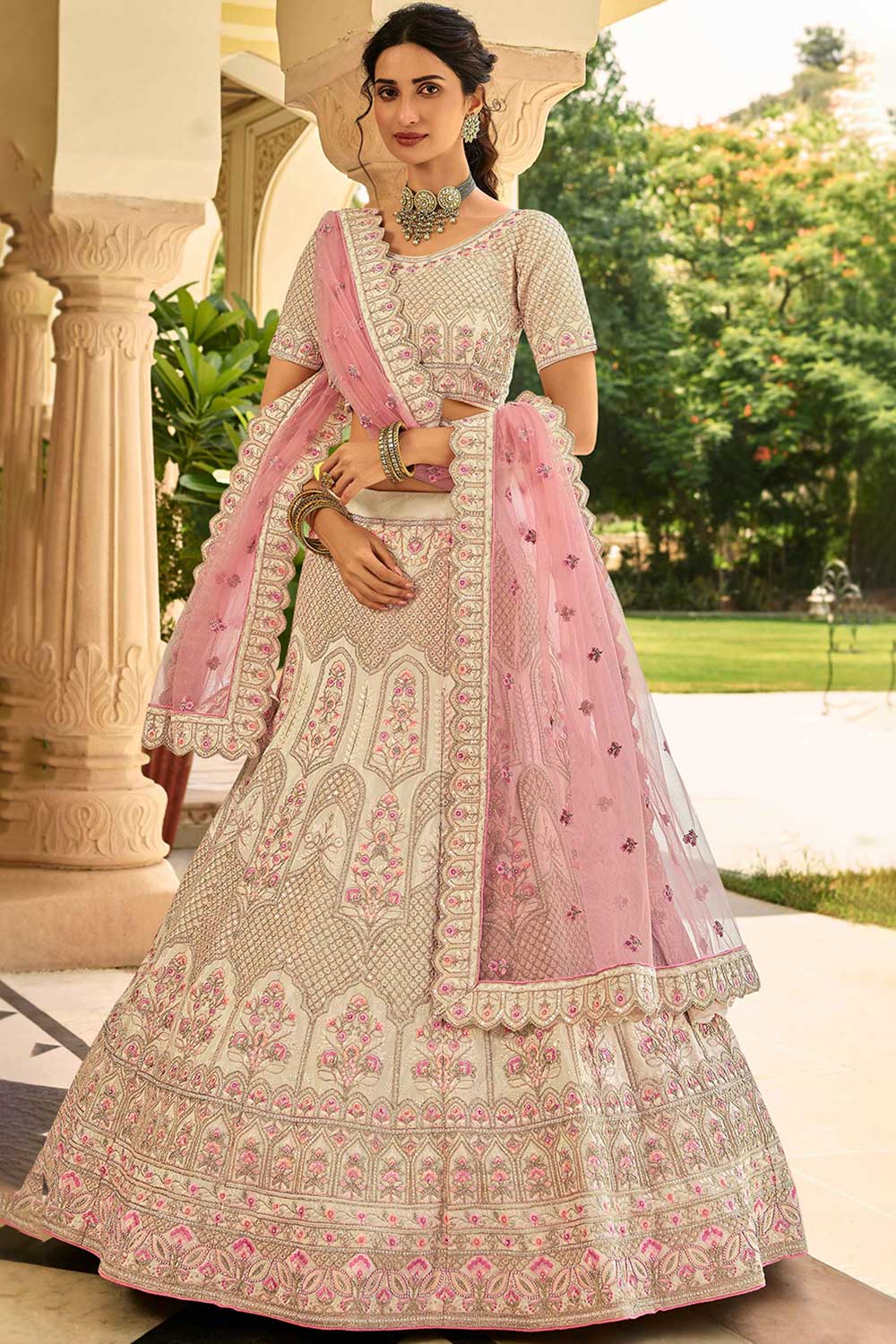 Light-Peach Crepe Embroidered Lehenga Choli