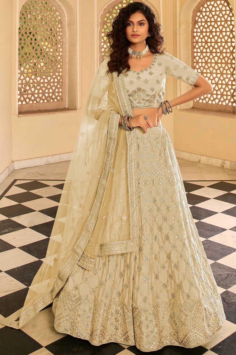 Light-Cream Crepe Embroidered Lehenga Choli