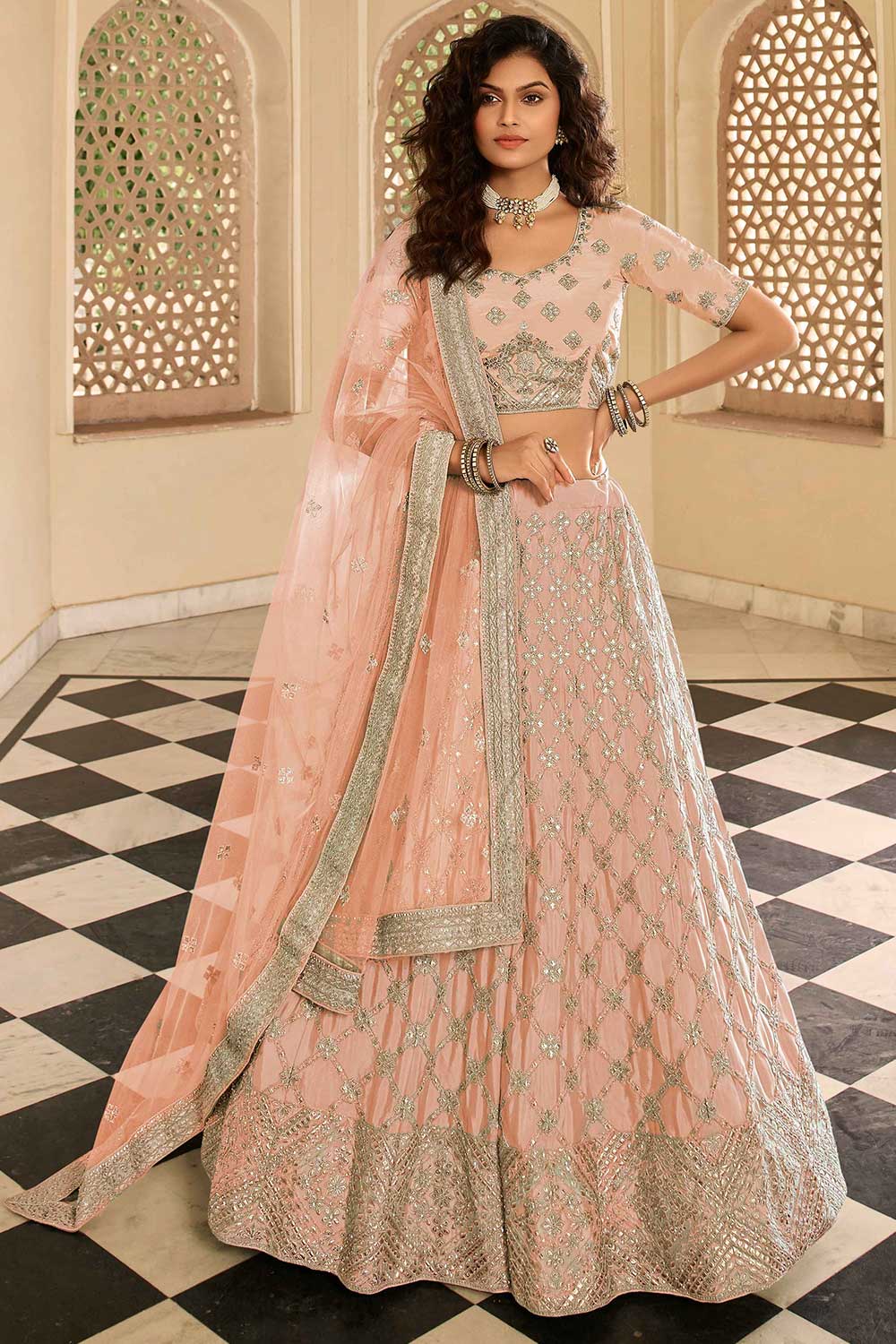 Peach Crepe Embroidered Lehenga Choli