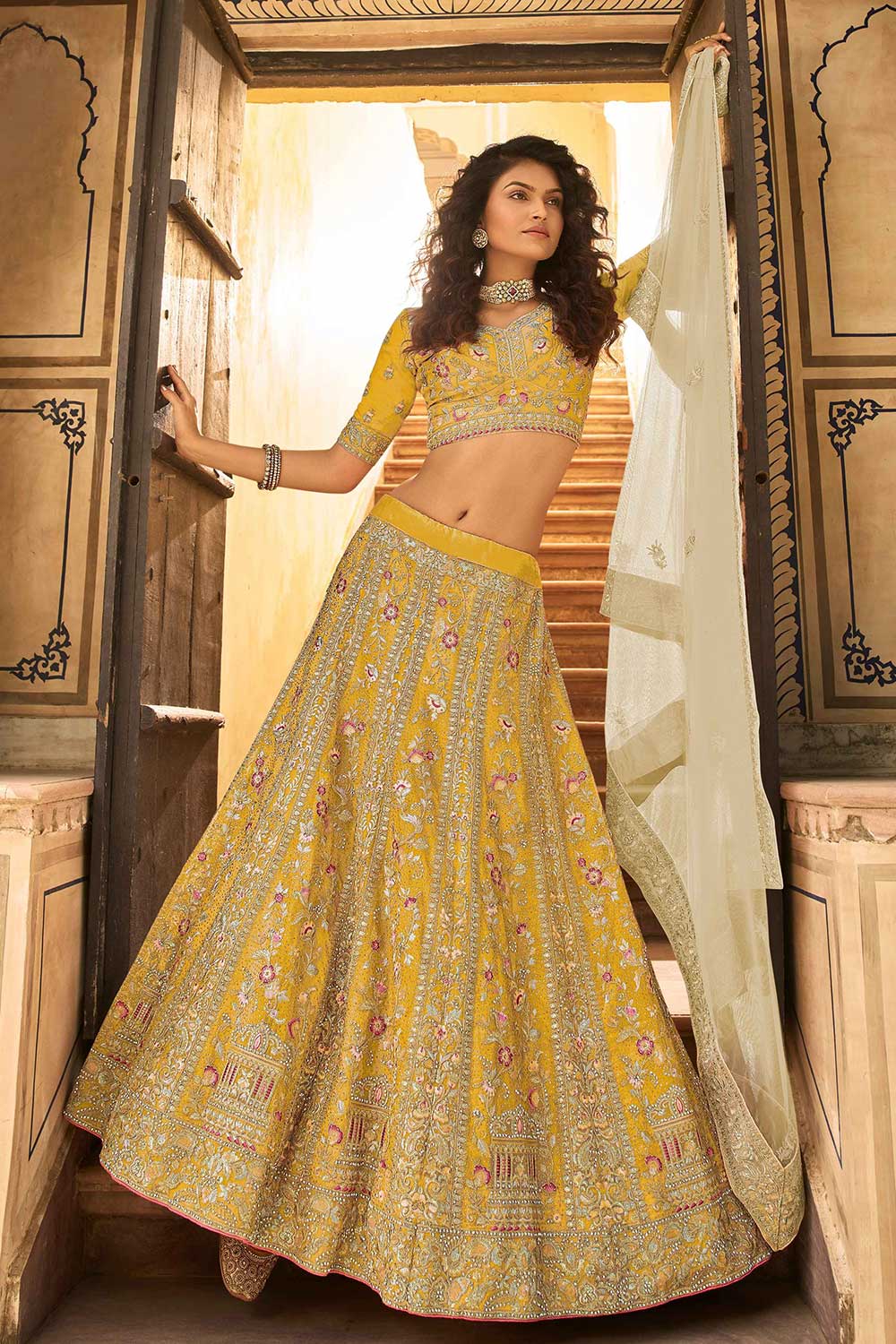 Yellow Organza Embroidered Lehenga Choli