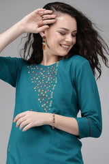 Buy Blended Cotton Embroidered Kurta Top in Teal Blue Online