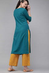 Buy Blended Cotton Embroidered Kurta Top in Teal Blue Online - Front