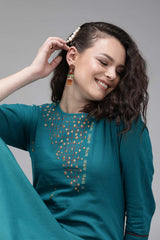 Buy Blended Cotton Embroidered Kurta Top in Teal Blue Online - Side